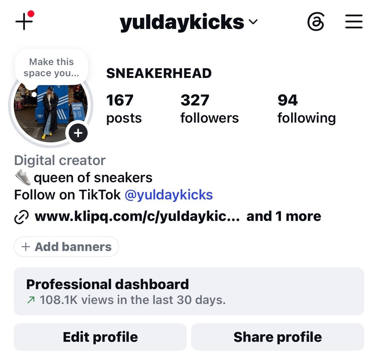 Before — 327 followers and 108.1K views in 30 days
