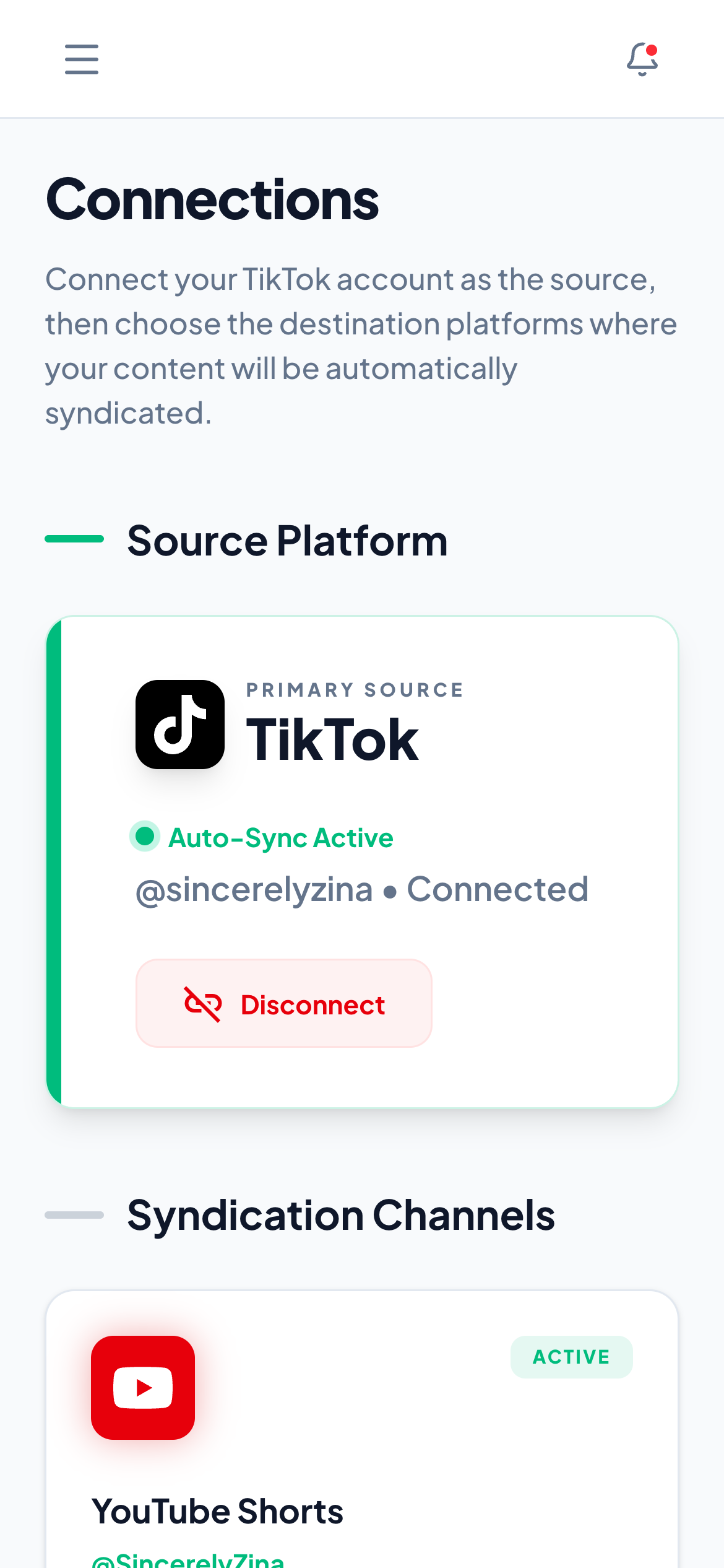 Klipq Connections on mobile: TikTok connected as the primary source, syndicating to YouTube, Instagram, Facebook, and Pinterest.